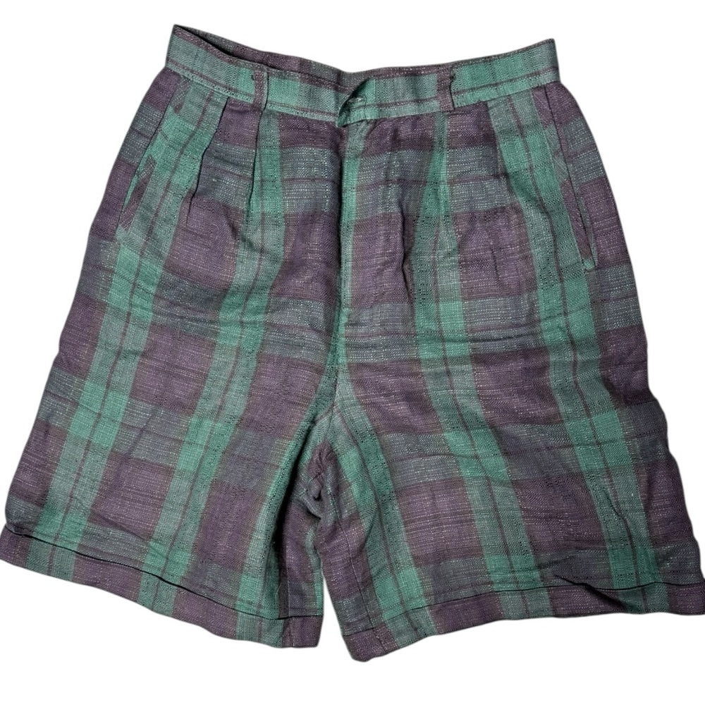 Vintage Giorgio Sant'Angelo green plaid long walking shorts high waist 10‎